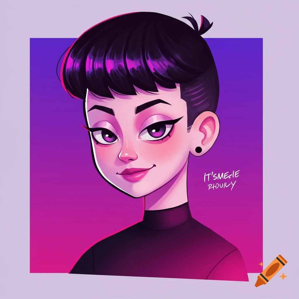 Cartoon portrait of a young woman with short dark hair and purple eyes against a purple background.