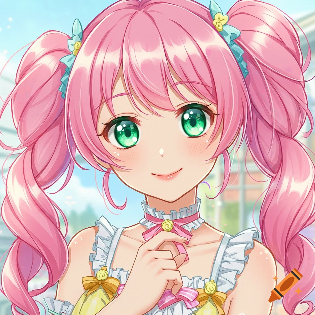 An anime girl with pink pigtails and green eyes smiles.