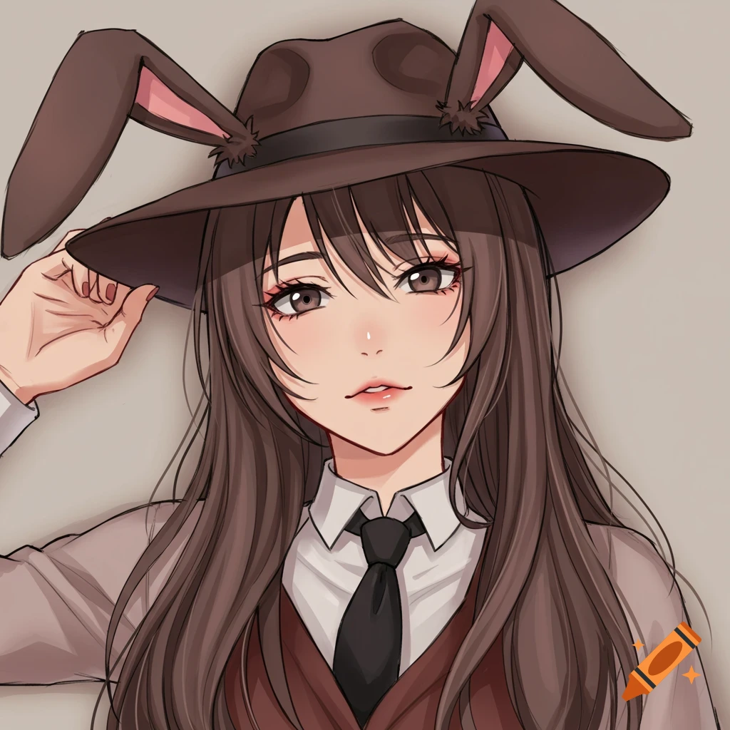 Anime portrait of a girl wearing a fedora hat with bunny ears, a vest, shirt, and tie.