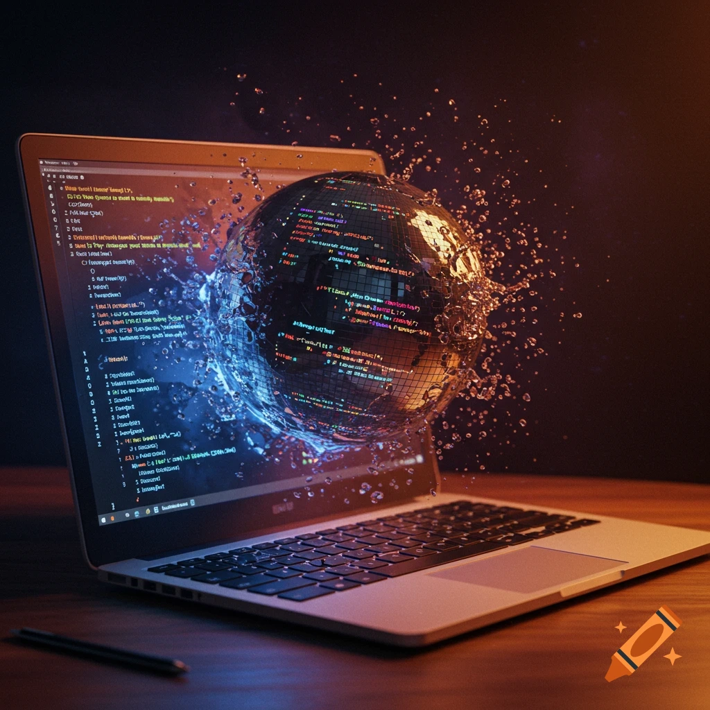 Mirror ball with code bursting out of a laptop screen with water splashes, digital art.