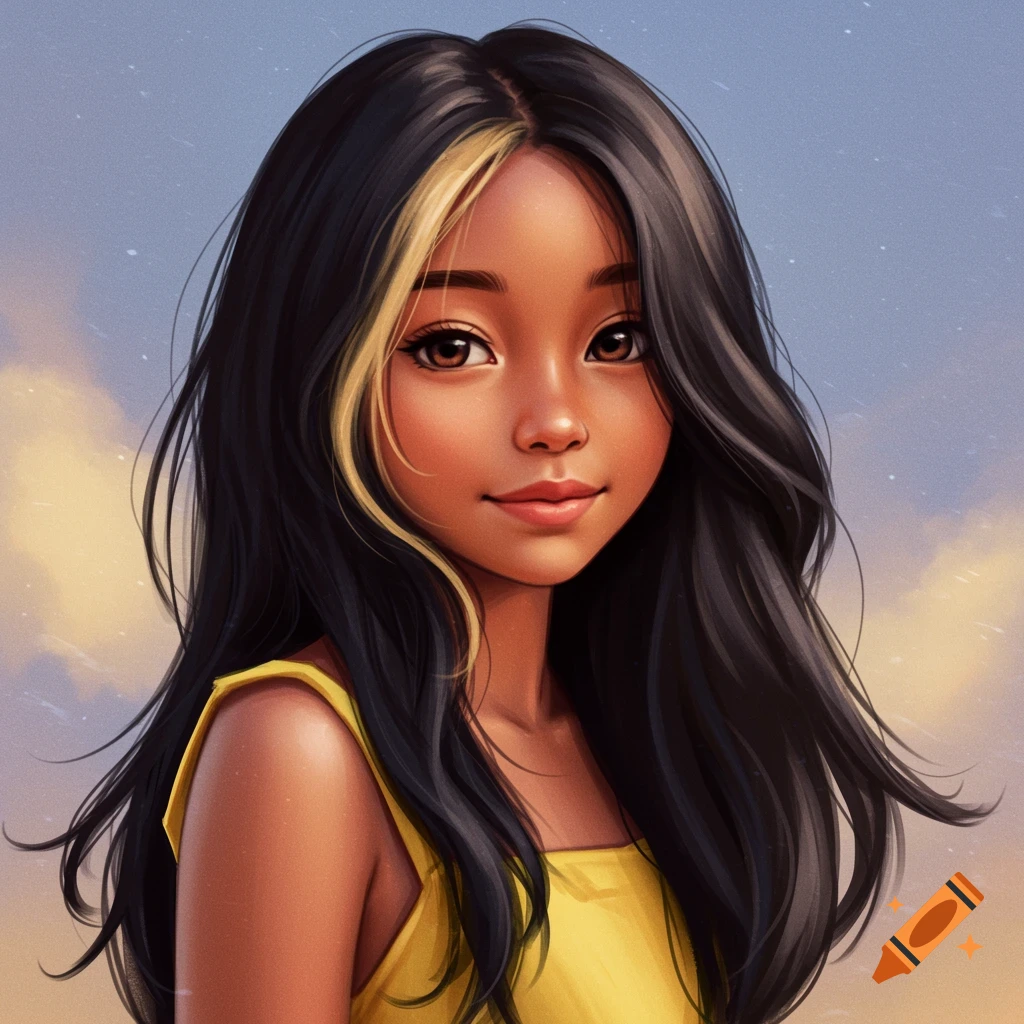 Stylized digital illustration of a young girl with black hair, blond highlights, and tan skin against a soft sky.