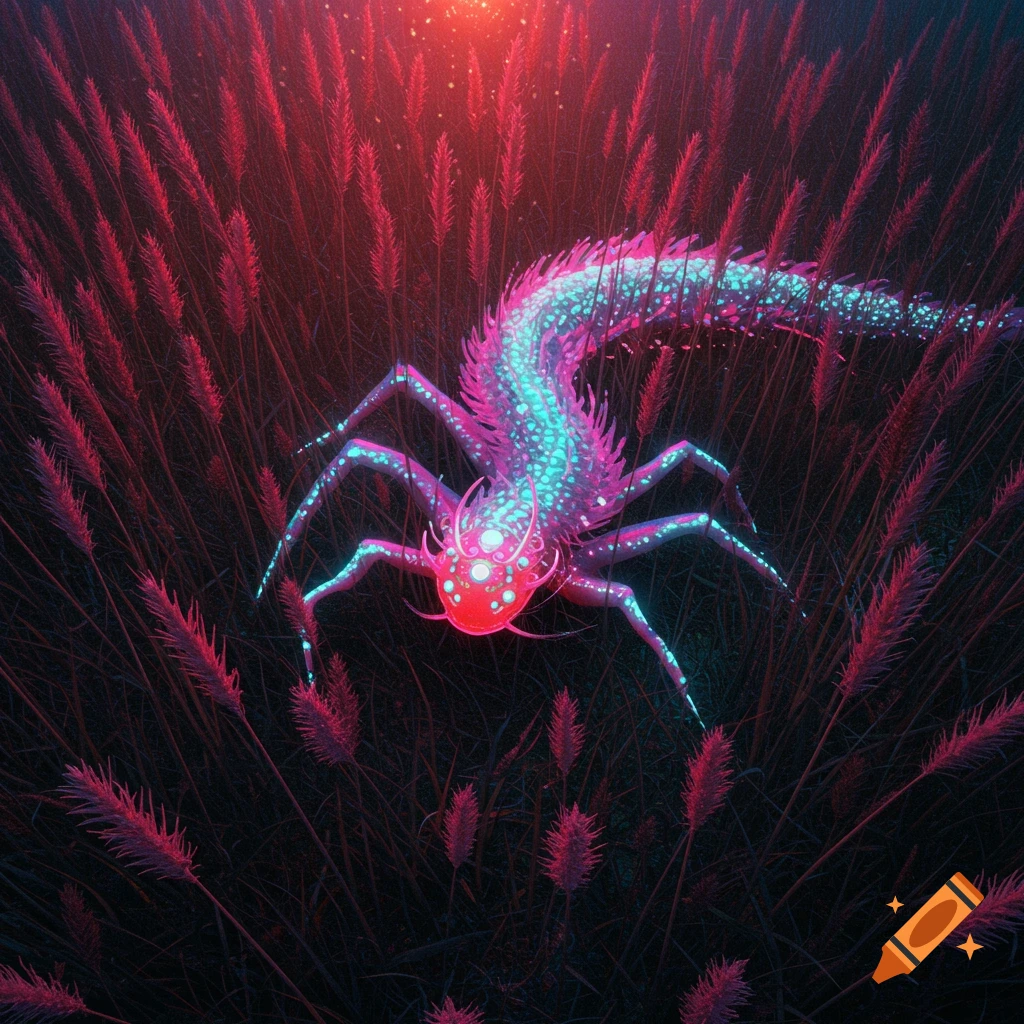 A glowing, multi-legged alien creature in tall pink grass.