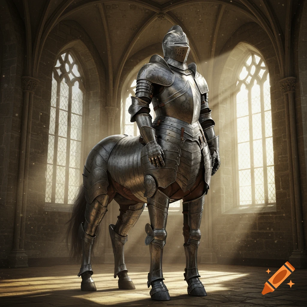 A centaur in full plate armor stands in a large, sunlit hall.