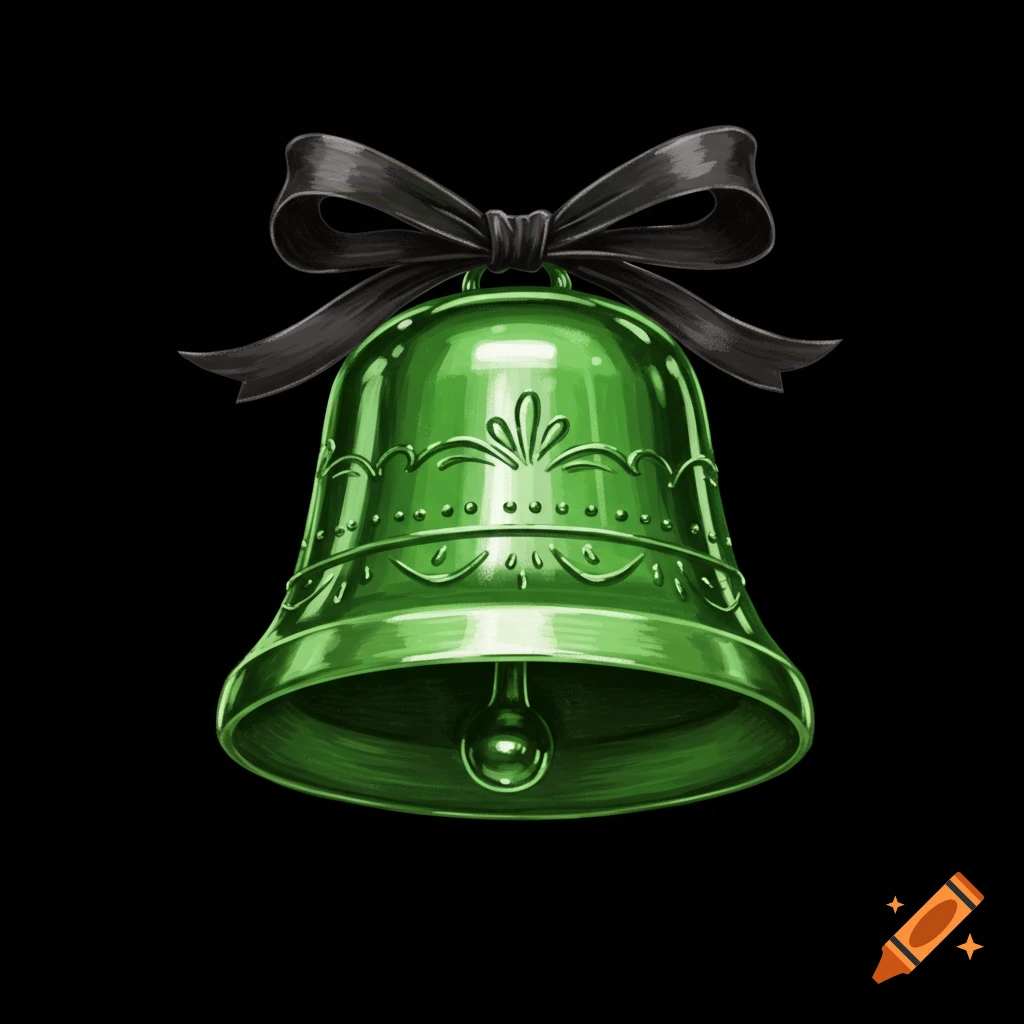 Green Christmas bell with ribbon on black background