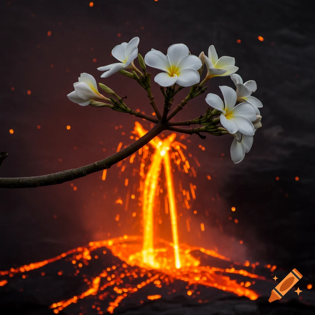 A branch of white plumeria flowers against a backdrop of an erupting volcano with a fiery lava fountain.