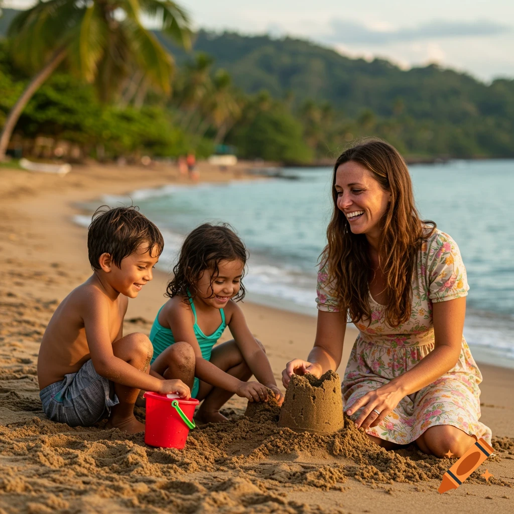 A mother and two young children build a sandcastle on a beach.