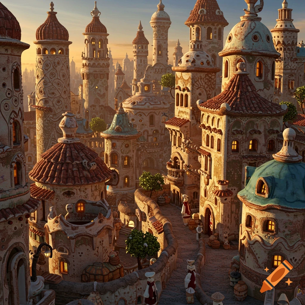 Detailed view of a unique fantasy city with rounded ceramic-like buildings and towers under a warm sky.