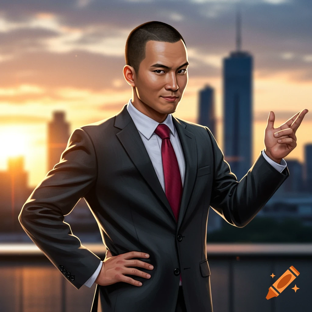 A man in a suit poses in front of a city skyline at sunset, pointing.