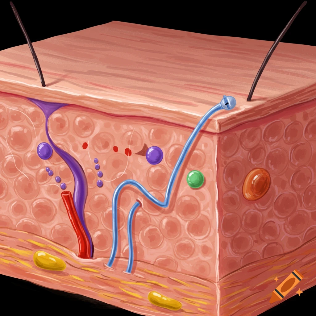 Cross-section illustration of skin layers showing blood vessels, nerves, and hair follicles.