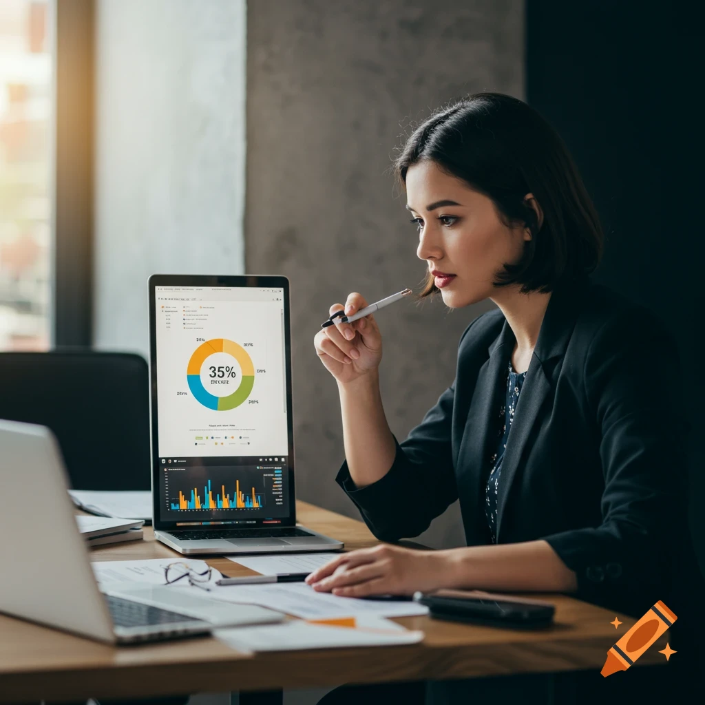 A businesswoman looks at charts on a laptop screen.
