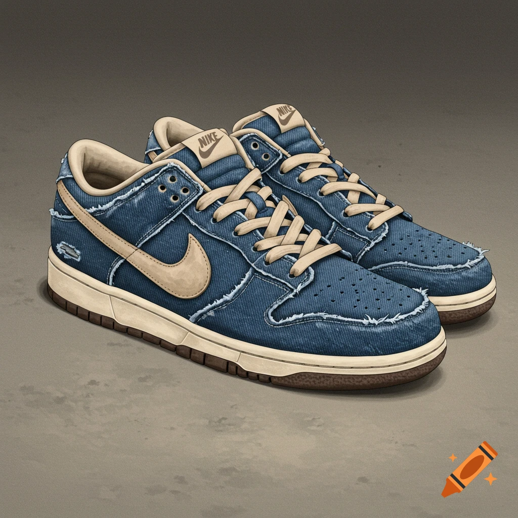 Illustration of blue denim sneakers with frayed edges.