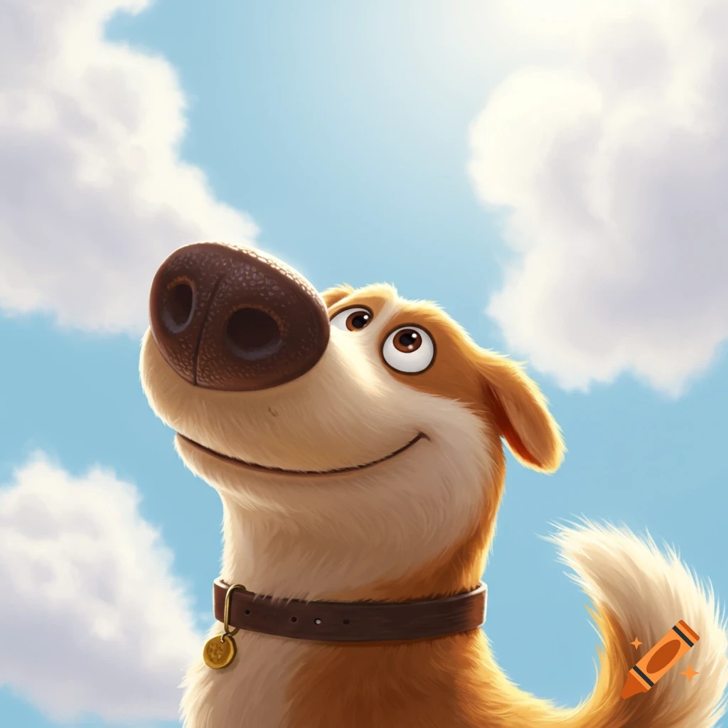 Close-up of a cartoon dog (like Dug from Up) looking up at a cloudy sky from a low angle