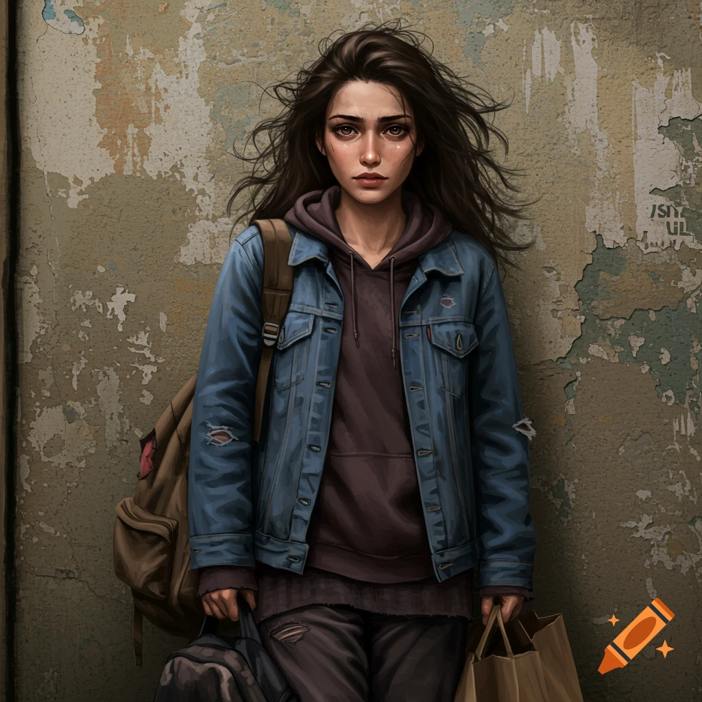 A young woman with long dark hair wears a denim jacket and hoodie, holding bags, standing against a weathered urban wall. Realistic art style.