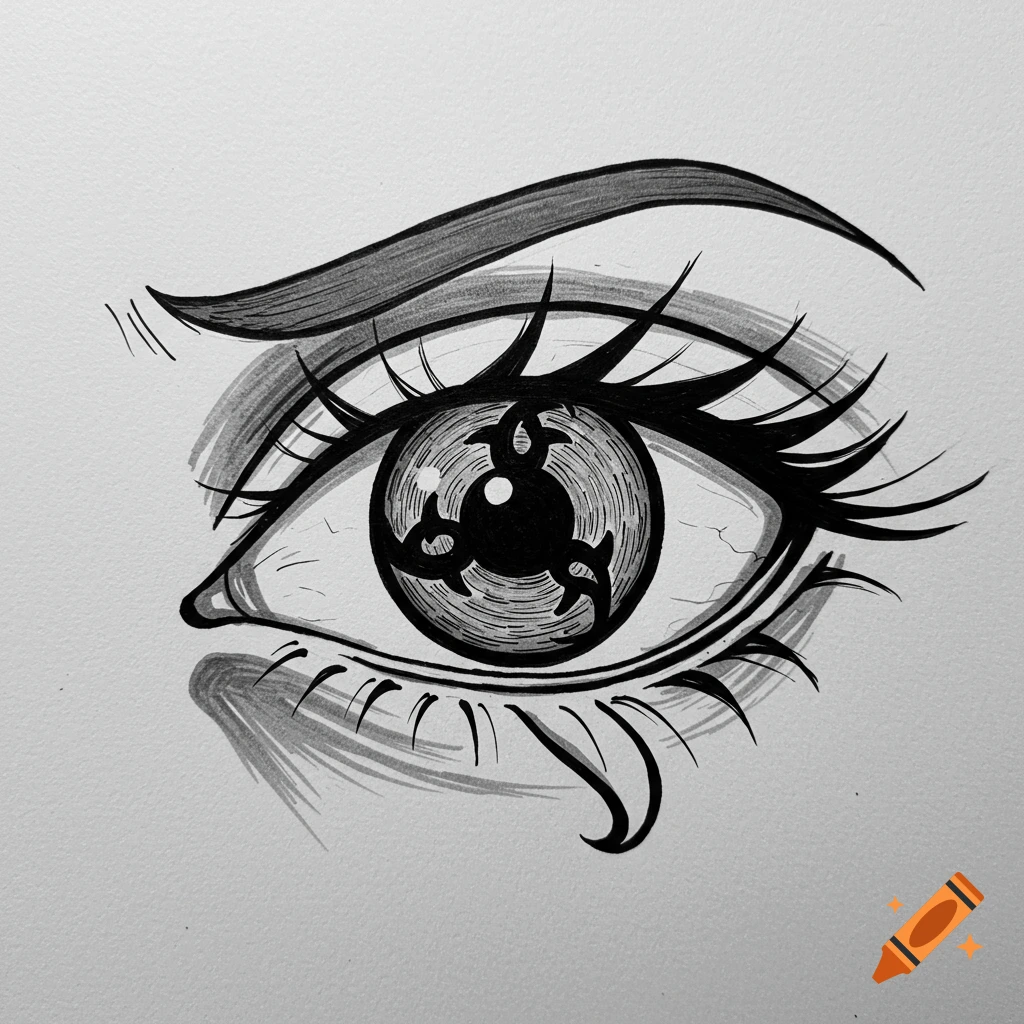 Black and white sketch of an eye with a Sharingan pattern
