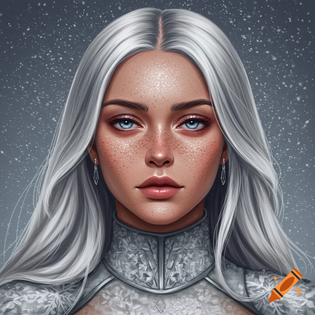 Portrait of a woman with long white hair, blue eyes, and silver clothing in a snowy setting, digital art.