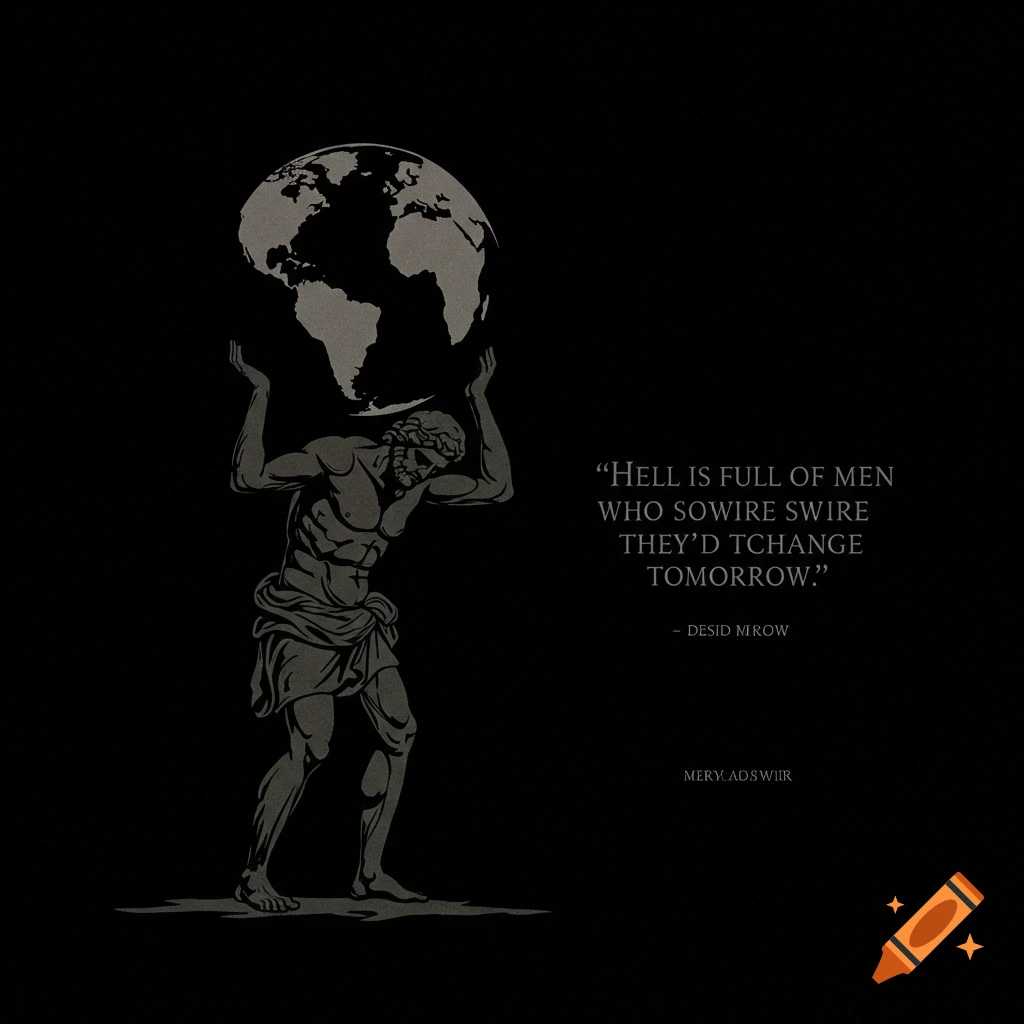 Atlas carrying the world design with quote in dark gray