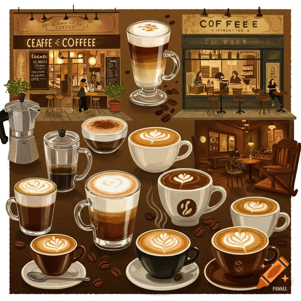 Illustration collage of various coffee drinks and cafe scenes.