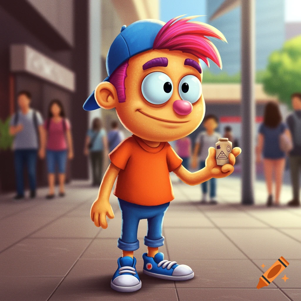 3D cartoon boy with pink hair and blue cap holding a bottle on a city sidewalk.