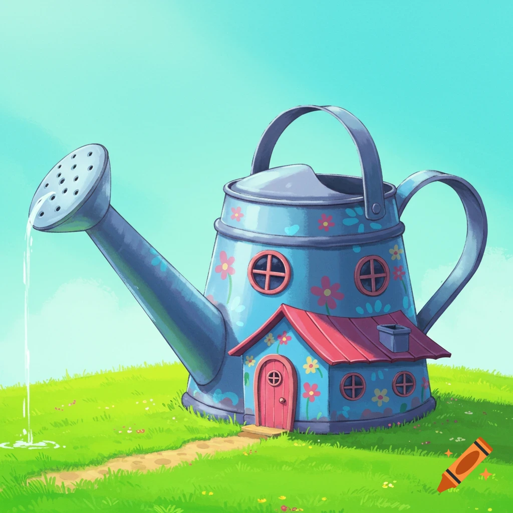 Whimsical illustration of a house built into a giant watering can pouring water on a hill.