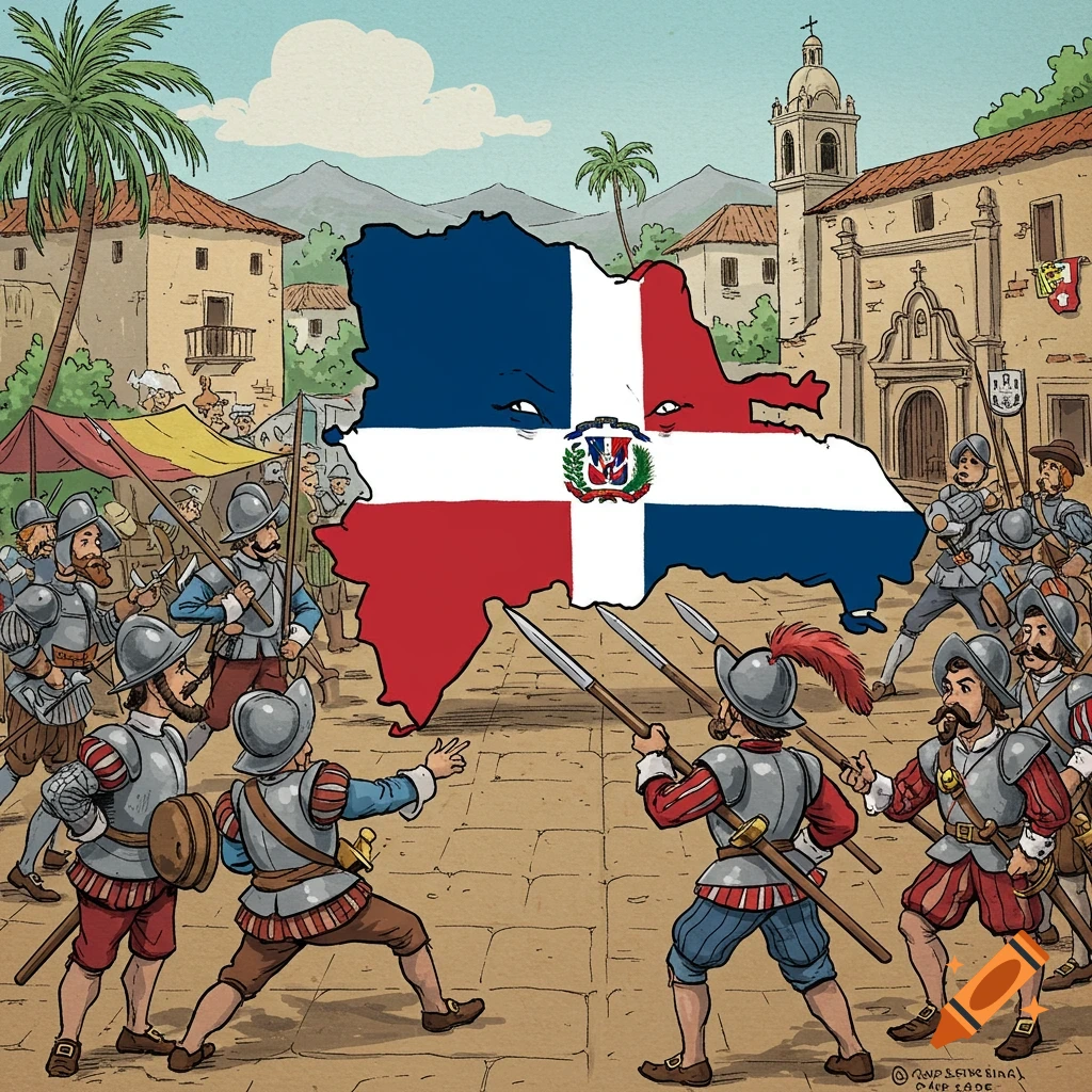 Caricature of Spanish conquistadors surrounding a map of the Dominican Republic in a plaza.