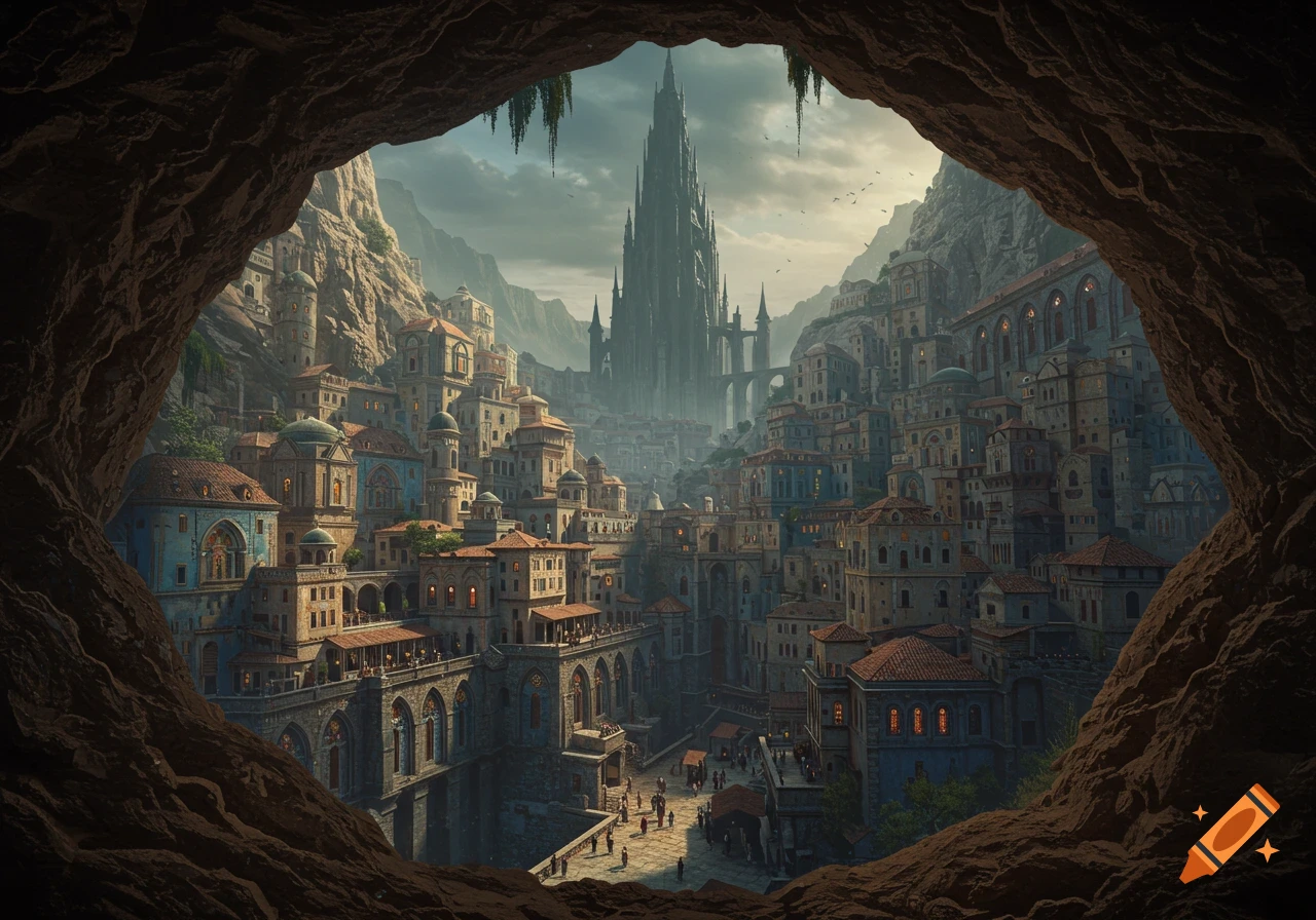 View from a cave entrance looking out at a vast fantasy city built into a mountainside with a tall dark tower in the distance under a cloudy sky.
