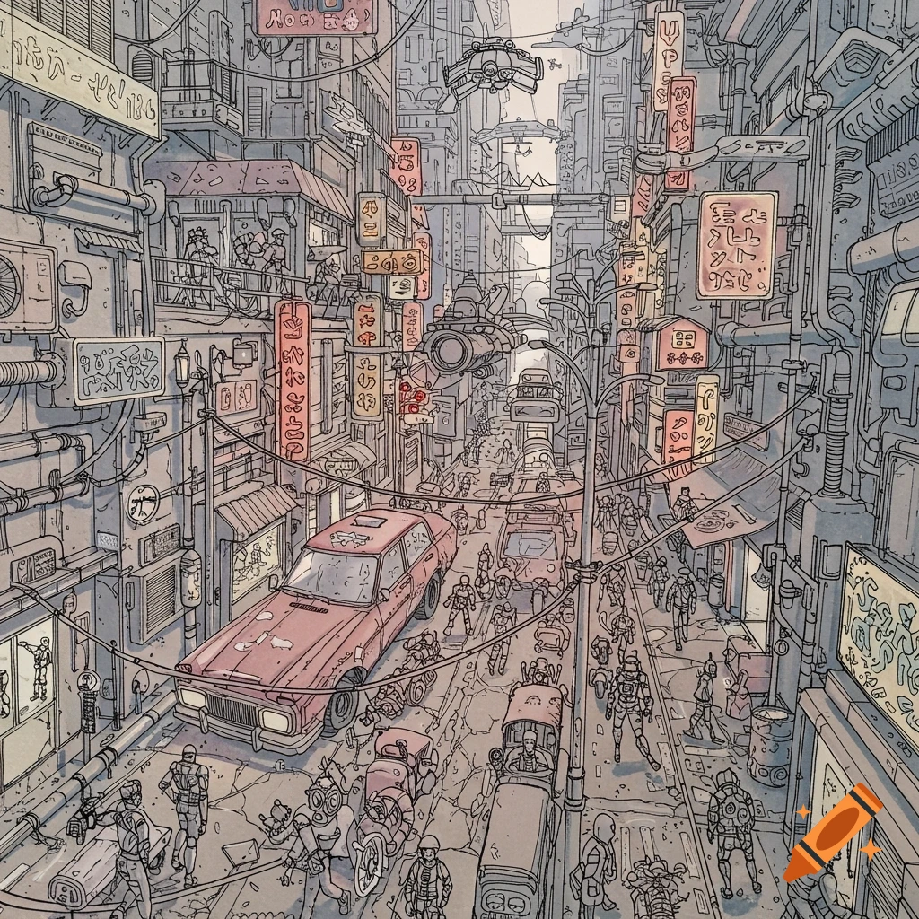 Hand-drawn illustration of a busy cyberpunk city street with cars, people, and detailed buildings and signs.