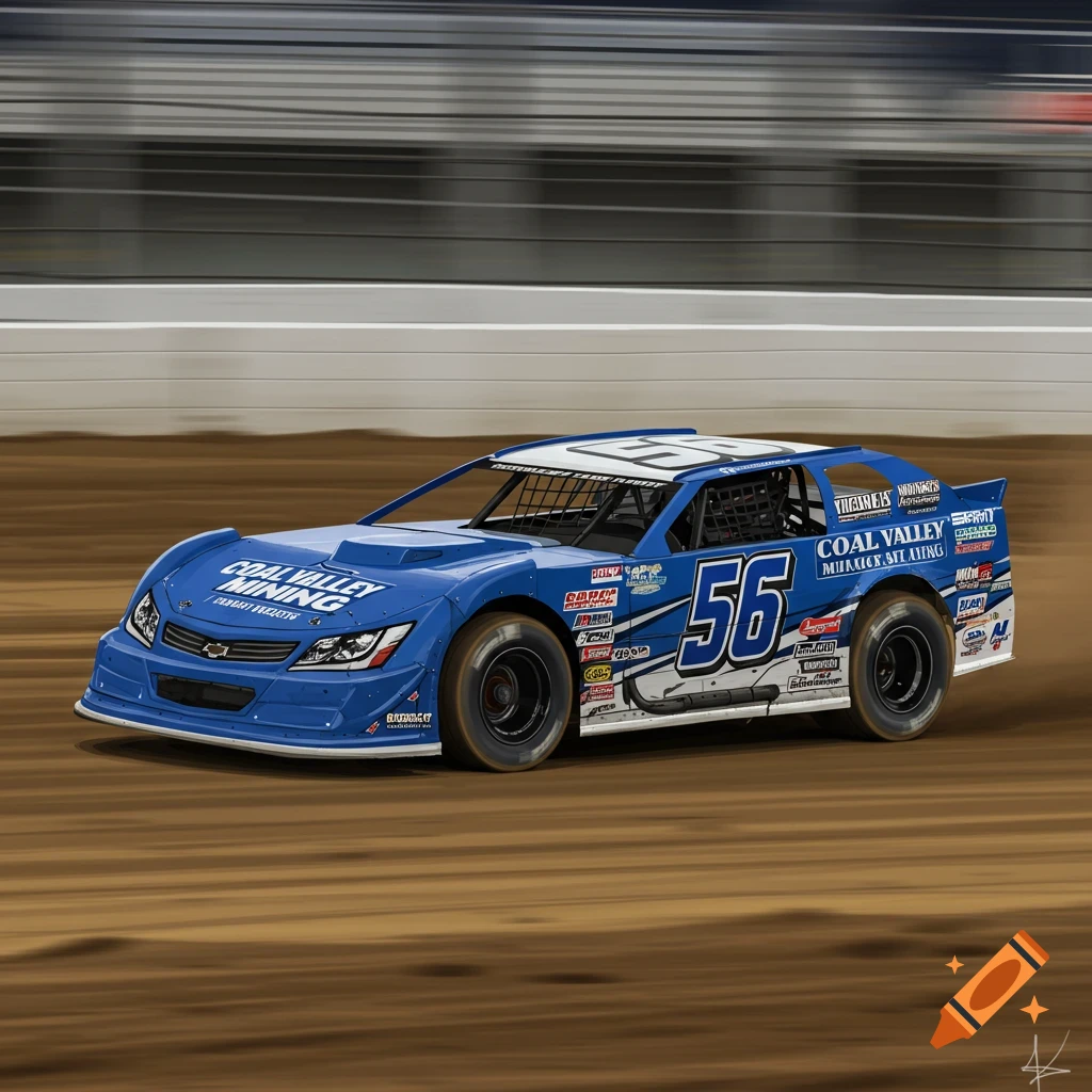 A blue and white dirt late model race car number 56 speeds around a dirt track.