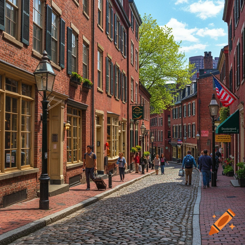 Cobblestone street in a city lined with historic brick buildings and people walking.