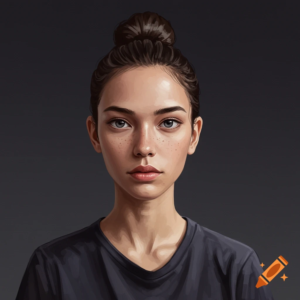 Stylized portrait of a young woman with a bun and freckles.