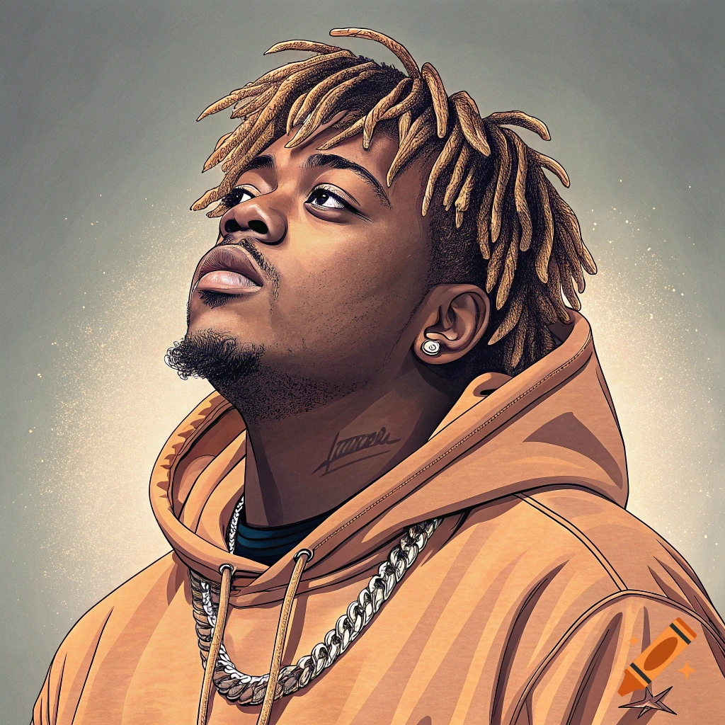 Stylized illustration of a person with dreadlocks and a gold chain wearing an orange hoodie.