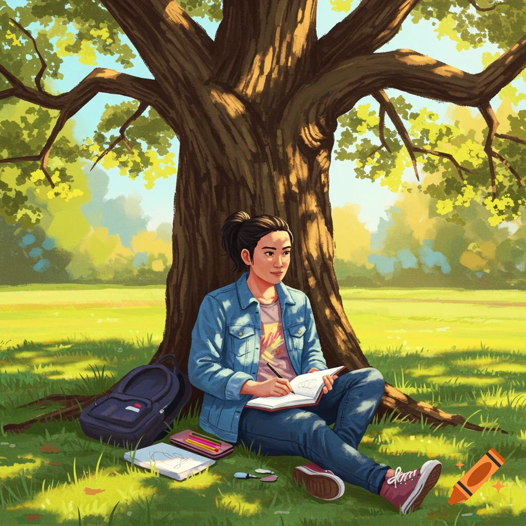 Illustration of a student sitting under a tree in a park, drawing in a sketchbook.