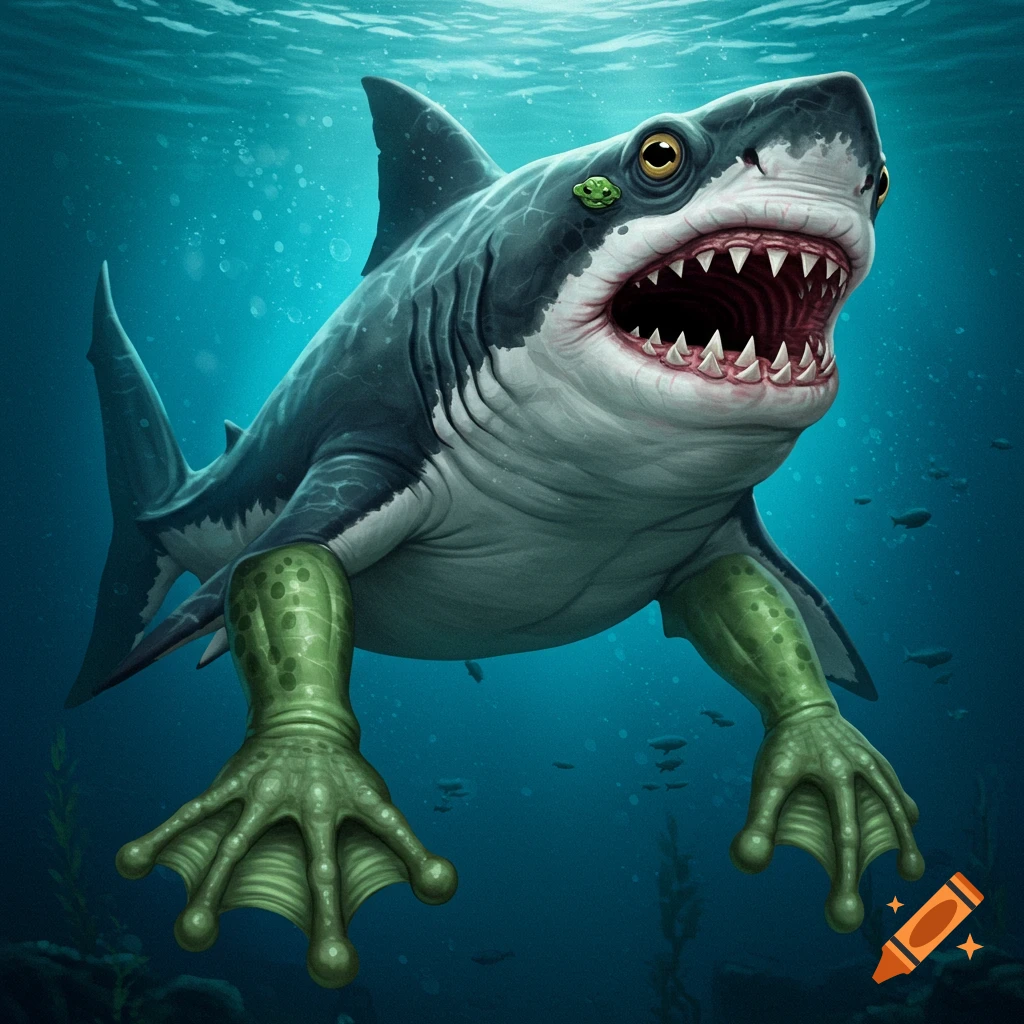 A fantasy monster shark with green frog feet swims underwater.