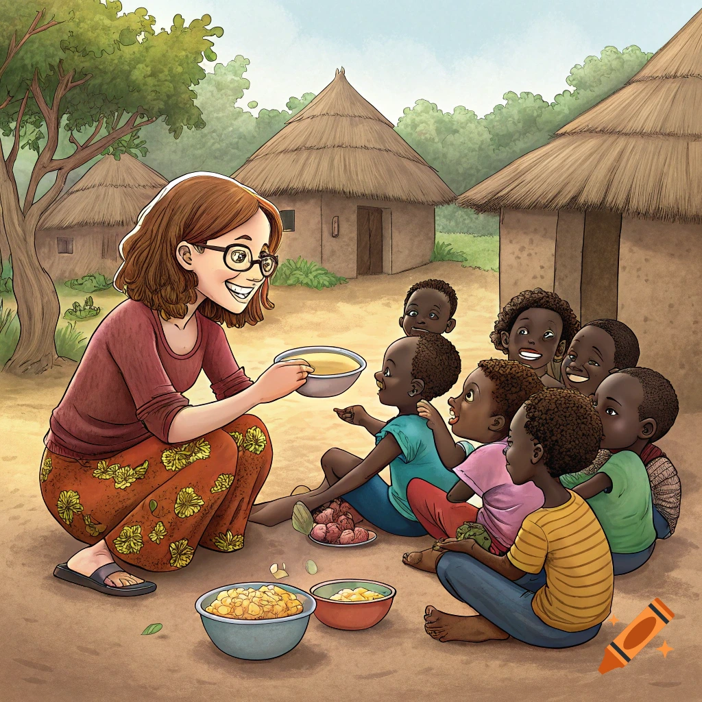 An illustration of a woman feeding children in an African village.