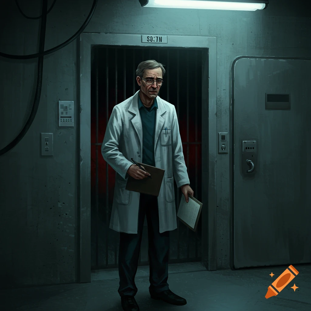 A scientist in a lab coat stands in front of a barred elevator, holding clipboards.