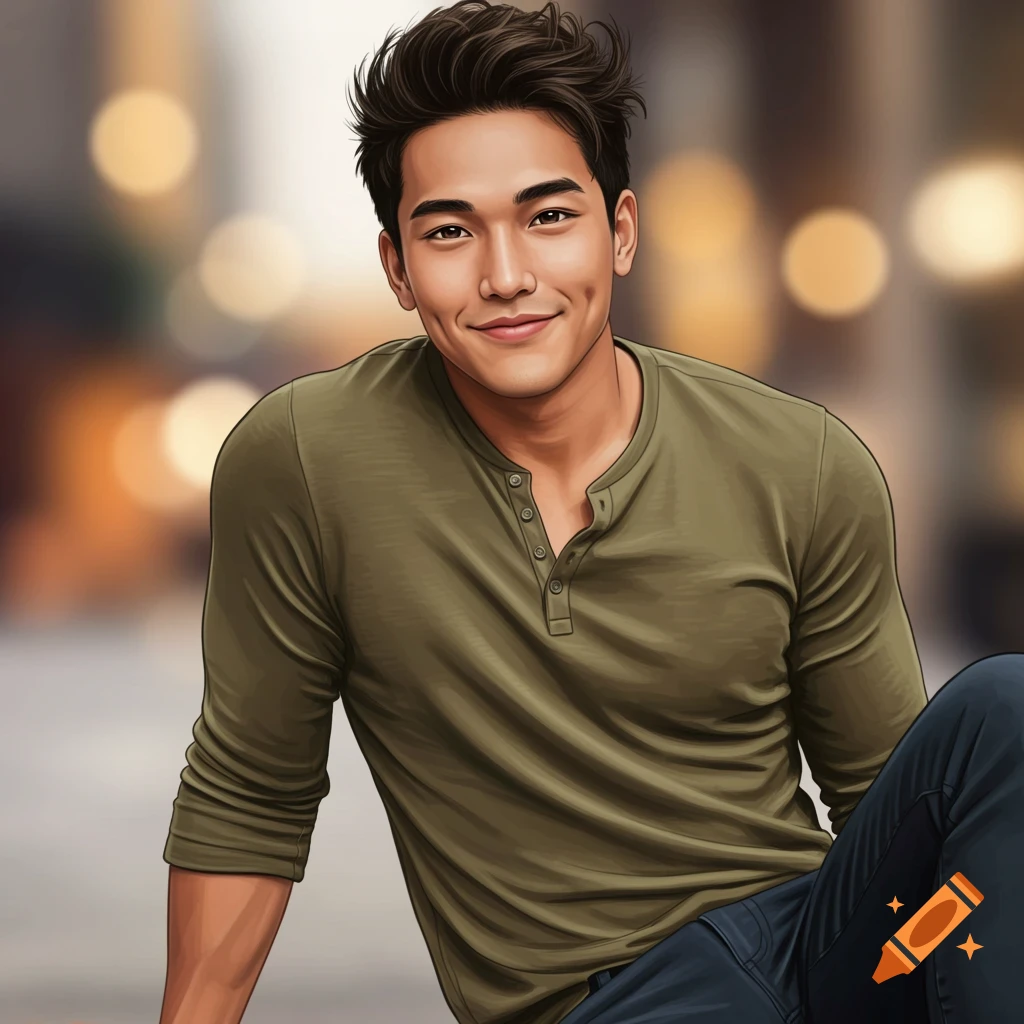 A young man in a green shirt smiles in a digital art portrait with a blurry background.