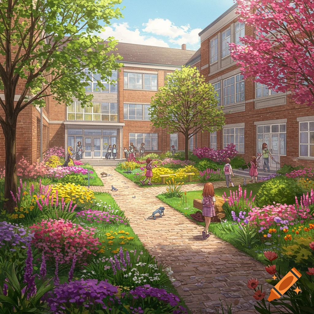 School building exterior with garden