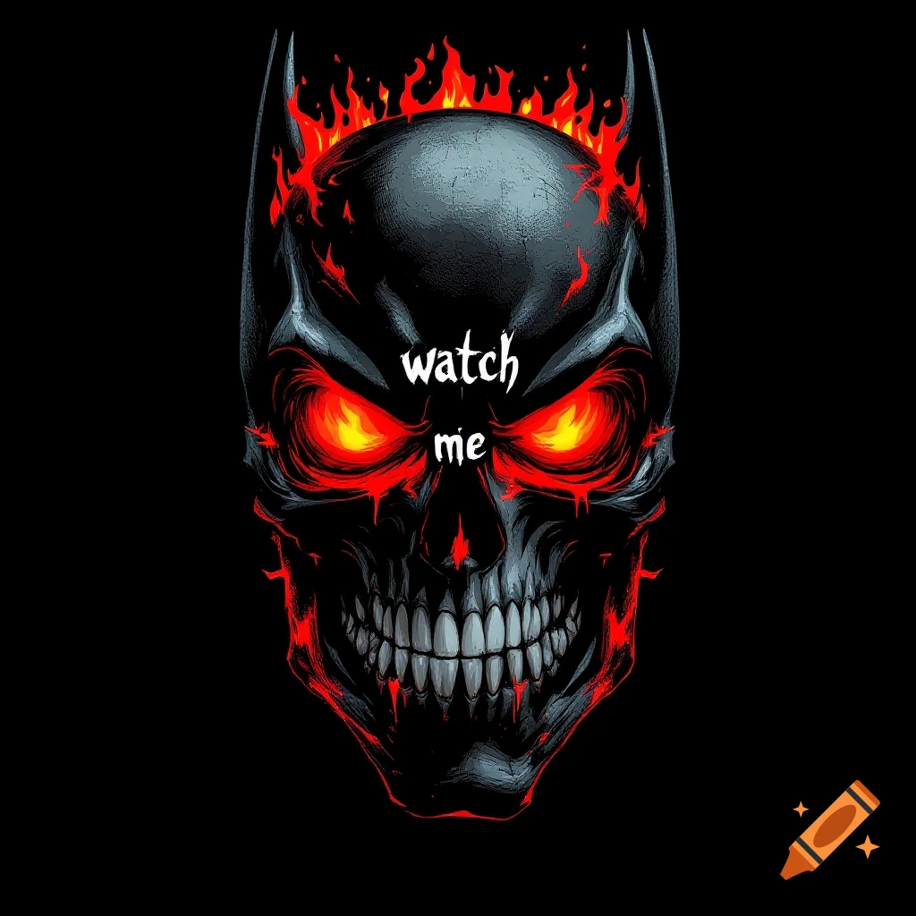 Stylized skull head resembling Batman with red eyes and flames, text reads 'watch me'