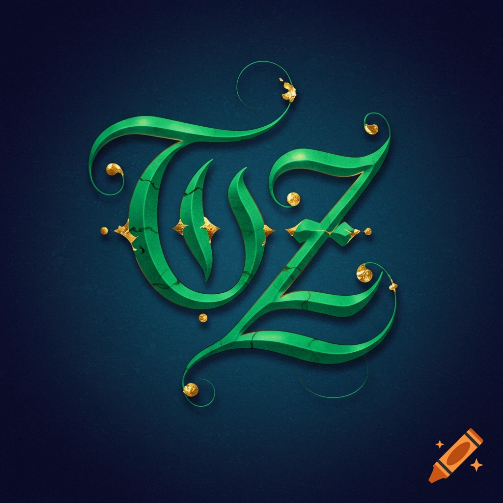 Stylized green calligraphic letters E and Z with gold accents on a dark blue background.