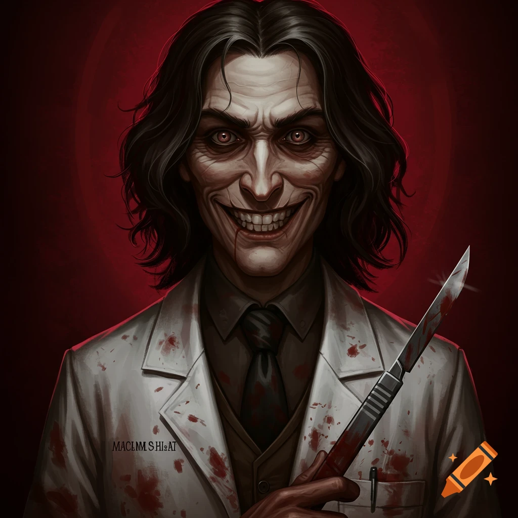 Illustration of a scary doctor with blood on his lab coat and face, holding a bloody scalpel.
