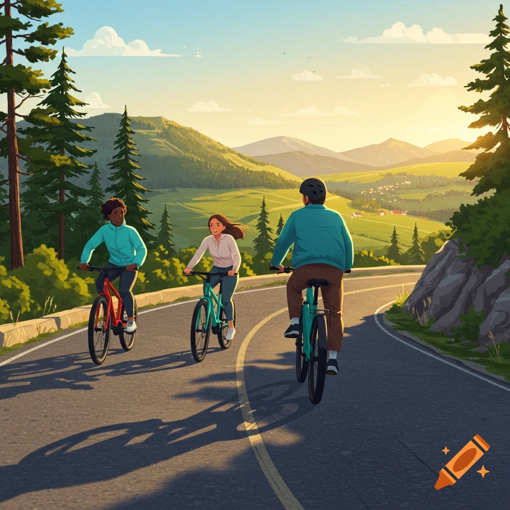 Three people riding bikes on a mountain road at sunset in an illustration.