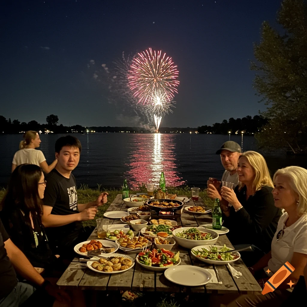 A group of people gathered around a table with food and drinks outdoors at night, watching fireworks over the water.