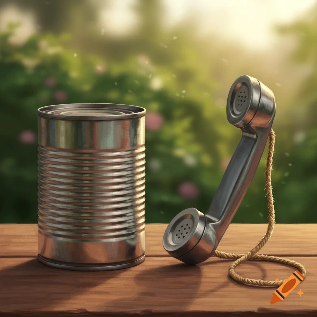 A tin can sits next to an old telephone receiver on a wooden table outdoors, rendered in a realistic style.