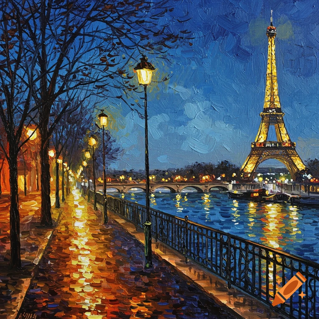 Impressionist painting of the Eiffel Tower and Seine river from a street at night.