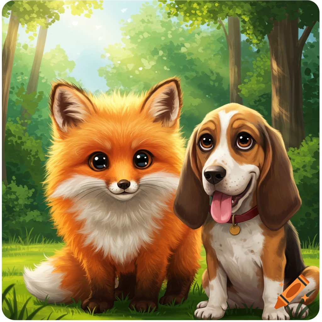 Cute cartoon fox and beagle dog sitting in a forest clearing.