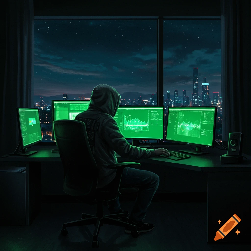 A hooded figure sits at a computer desk with glowing green screens, overlooking a city at night.