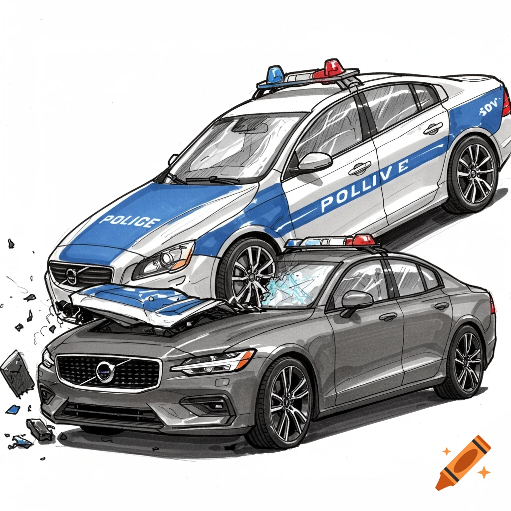 Sketch of a police car crashing into a grey Volvo sedan.