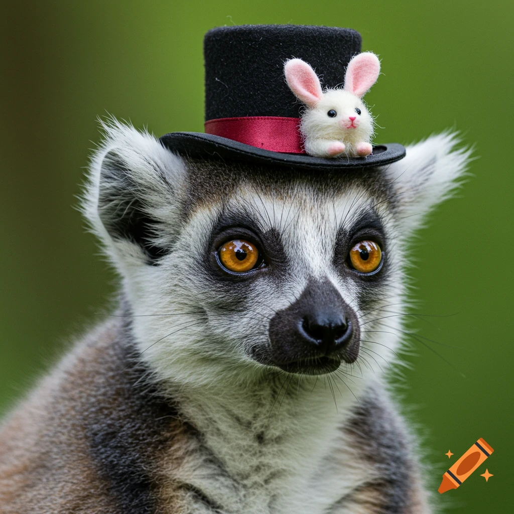 Ring-tailed lemur wearing a top hat with a bunny