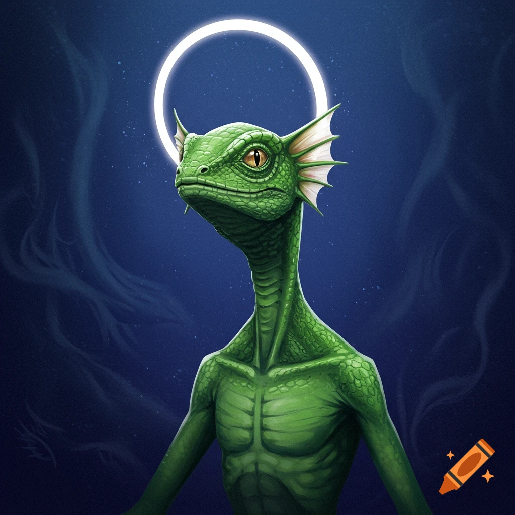 Reptilian creature with lizard head and white fin