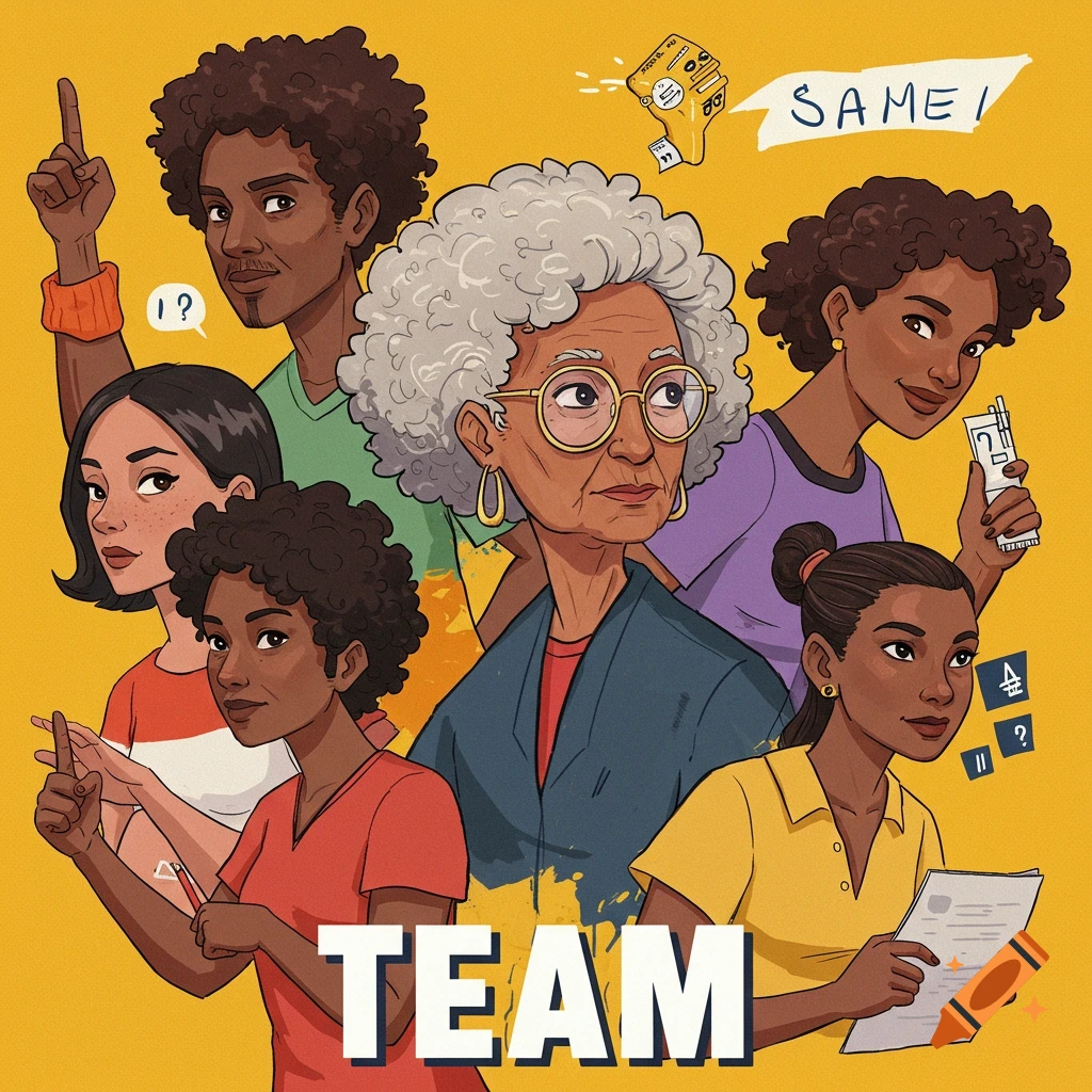 Illustration of a diverse team of people with the words 'TEAM' and 'SAME!' on a yellow background.