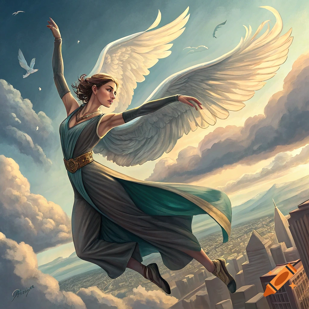 A woman with large white wings flies over a city in the clouds.